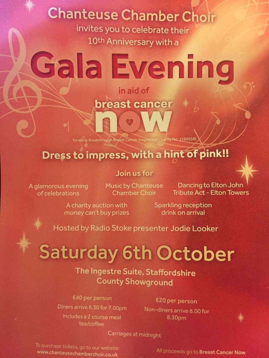 ChanteuseCC1's tweet photo. 1st tweet on Chanteuse Chamber Choir’s new account: celebrating our 10th Anniversary with a Gala Evening Concert &amp; meal in aid of “breast cancer now” - Sat. 6 Oct, 6.30 for 7.00 Ingestre Suite, Stafford County Showground, book https://t.co/QEIX3YNQVn https://t.co/x8VBPqVhH0
