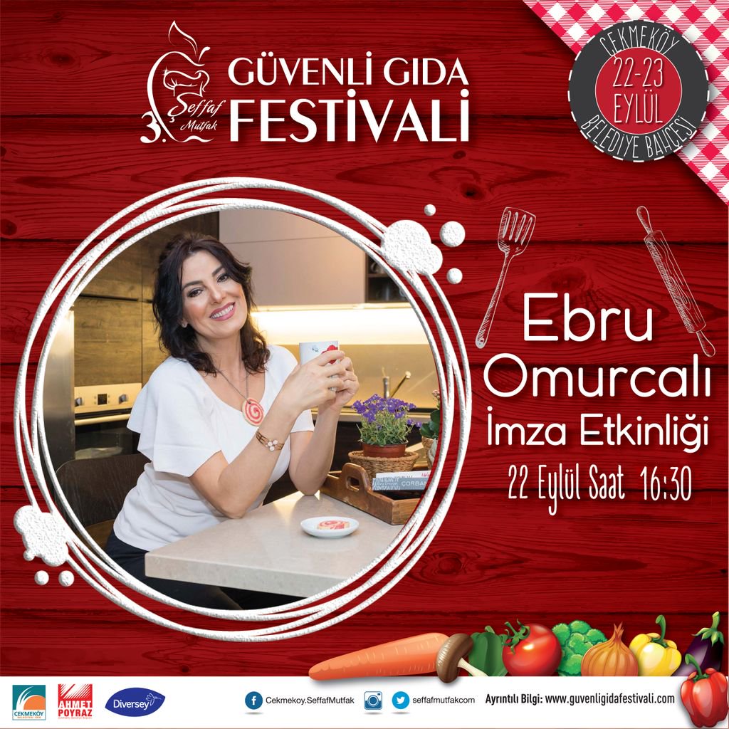 22 Eylül Cumartesi günü saat 16:30'da Ebru Omurcalı imza etkinliği için sizleri 3. Şeffaf Mutfak Güvenli Gıda Festivaline bekliyoruz :) 7'den 70'e herkesin eğlenebileceği festivalimizde tüm etkinlikler ücretsizdir. <a href="/cekmekoybeltr/">Çekmeköy Belediyesi</a>  @ebruomurcali <a href="/ahmettpoyraz/">Ahmet Poyraz</a>