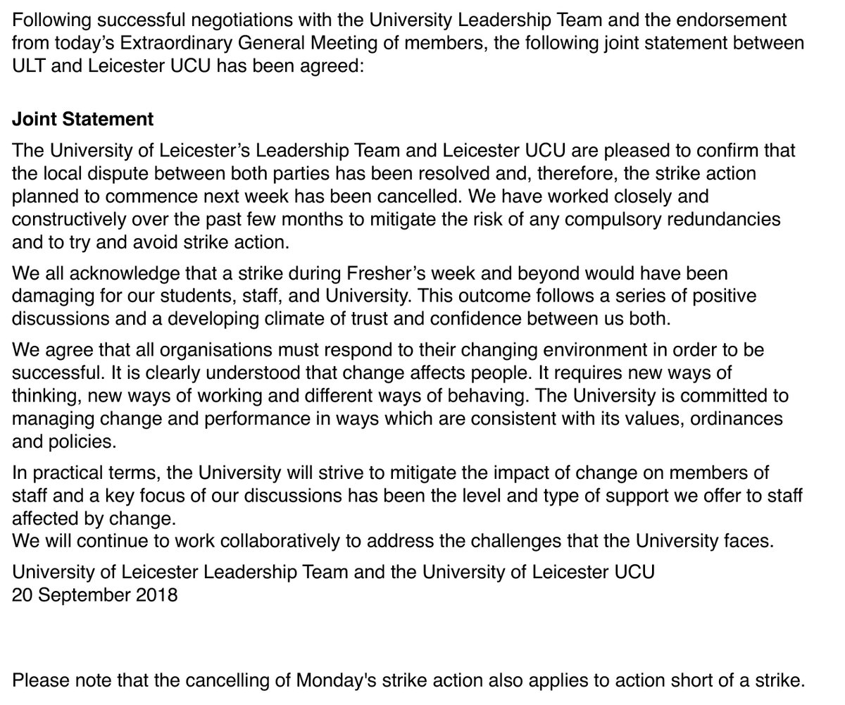 Strike at <a href="/uniofleicester/">University of Leicester</a> – due to start Monday – is now off. Here's a joint statement from University Leadership Team and Leicester UCU.