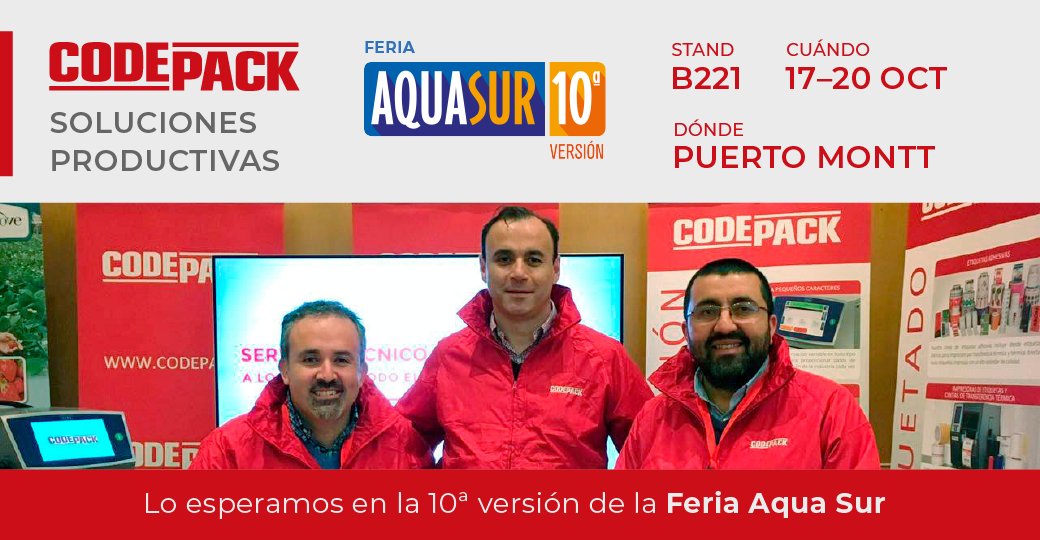 codepackchile's tweet image. Lo esperamos en la 10° Feria Aqua Sur Puerto Montt, donde podrá conocer novedades para la industria salmonera y en general, ver en funcionamiento nuestros equipos codificadores, como también soluciones en etiquetado, inspección, embalaje y mucho más! aqua-sur.cl