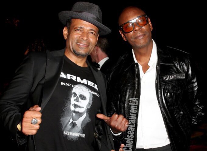 ARMEDtheMovie's tweet photo. Director @MarioVanPeebles  rocking the ARMED movie t-shirt at the HBO Emmys after party with the one and only @DaveChappelle https://t.co/N1eHTW7e58
