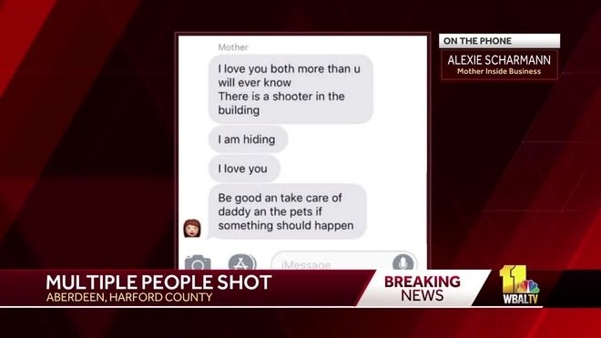 AMarch4OurLives's tweet photo. Texts from inside the shooting in #Aberdeen, Maryland. 

No one should ever have to experience this level of trauma and fear. 

This daily gun violence in America must come to an end. https://t.co/AhWzh5MGKR