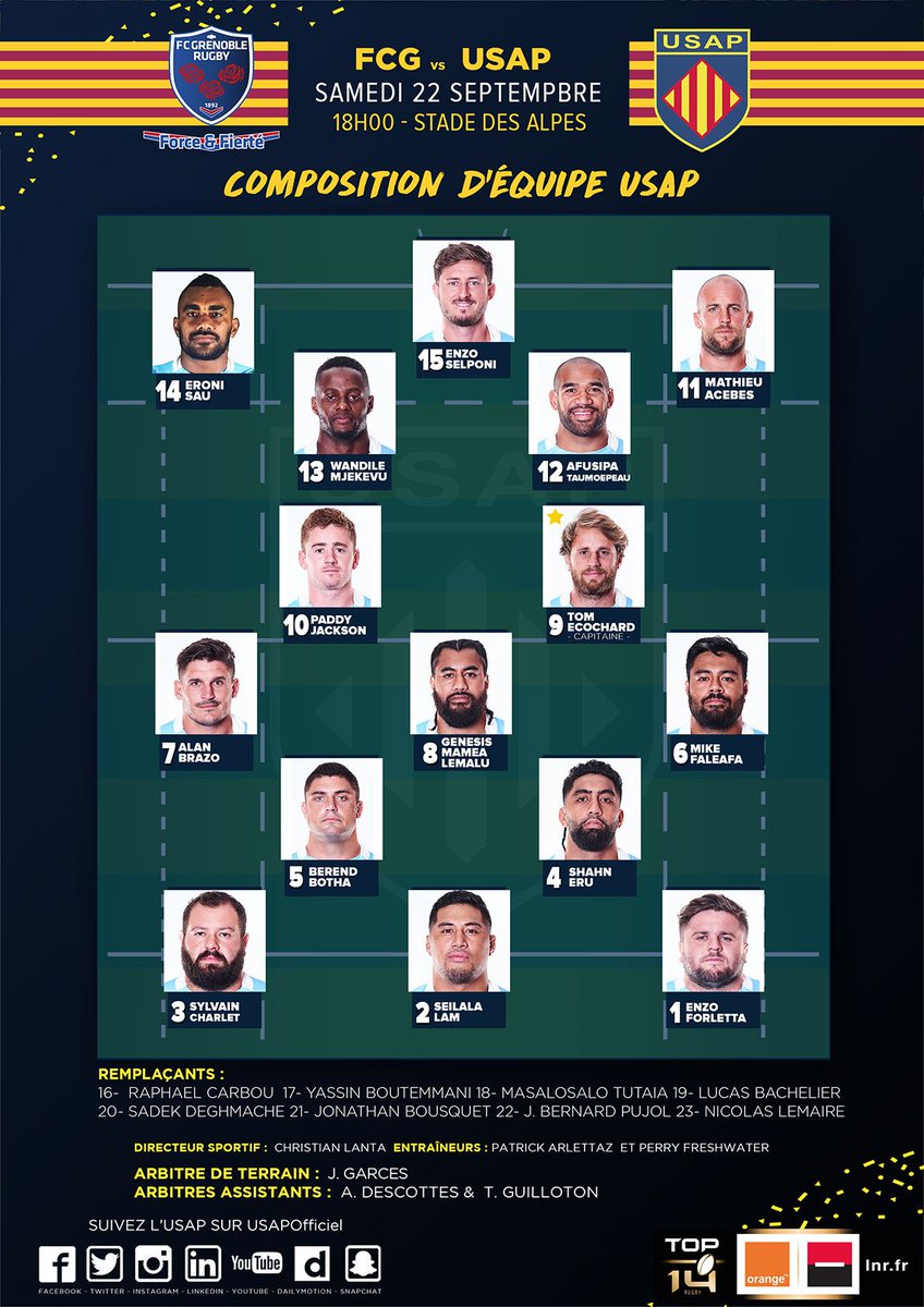 usap_officiel's tweet photo. 🚨 Découvrez la compo @usap_officiel pour le déplacement au @FCGrugby, ce samedi 22 septembre à 18h00 au Stade des Alpes ! #usapgeneration #usapemotion #fcgusap https://t.co/SrzGyrvCdG