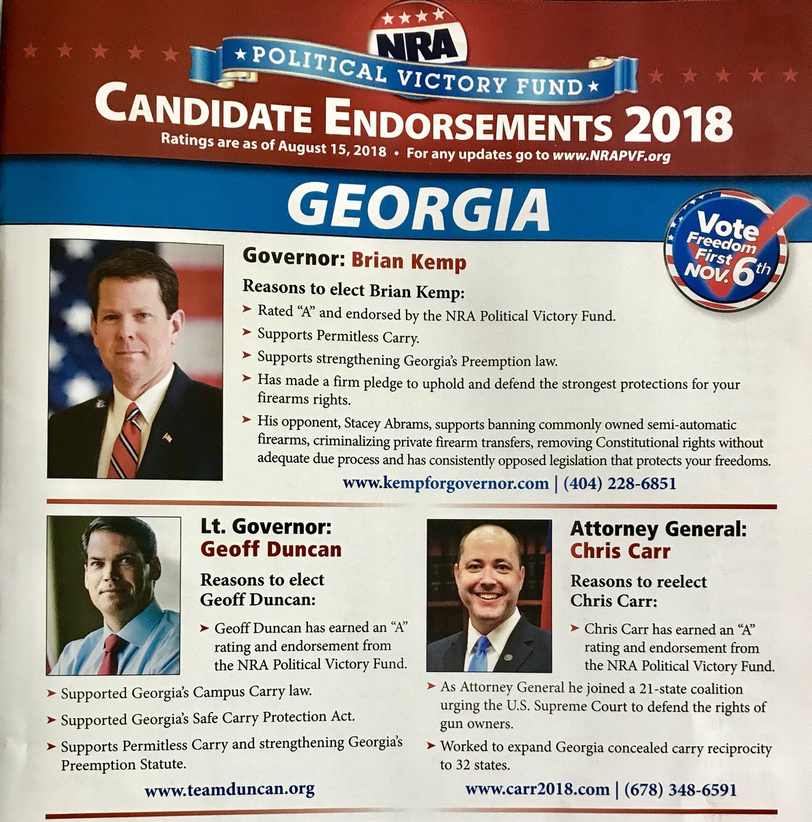 trevor_santos's tweet photo. #Georgia voters: These are the statewide candidates we can trust to protect our #2A #rights. @BrianKempGA @GeoffDuncanGA @ChrisCarr_Ga #GunVote @GeorgiaCarry @NRAPVF #VoteFreedomFirst https://t.co/miGO8Fxl9Y