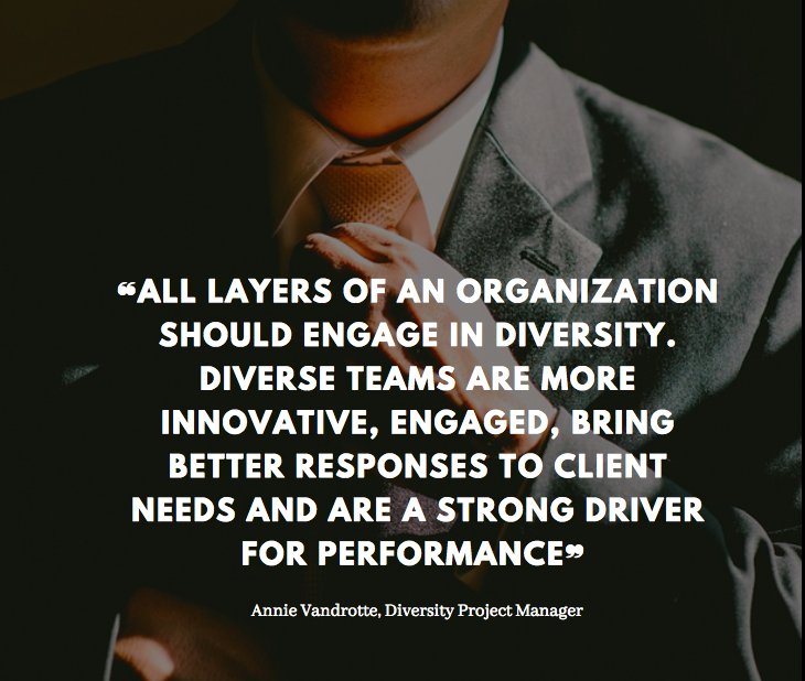 AccessEmployers's tweet image. ❝All layers of an organization should engage in #diversity. #DiverseTeams are more innovative, engaged, bring better responses to client needs and are a strong driver for performance.❞ 
              -Annie Vandrotte, Diversity Project Manager