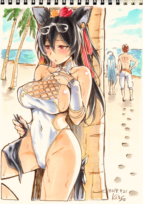 深夜にアナログラクガキ(53)グラブルの水着イルザさん、ご休憩後。夏ももう終わりでござる。 