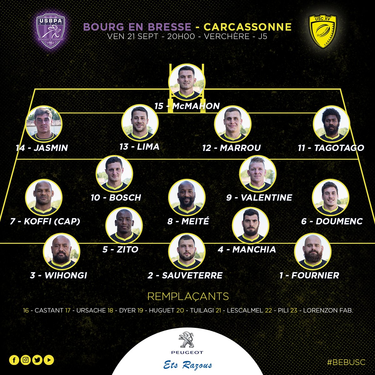 us_carcassonne's tweet photo. 🏉 | COMPO #BEBUSC

Romain Manchia et Vavae Tuilagi sont de retour ! Découvrez les 23 Jaune&amp;Noir qui affronteront l’@USBPAofficiel demain soir 💪🏼

 > https://t.co/eXagTAy7dh < 

#TeamUSC https://t.co/Ds1zm0aXYK