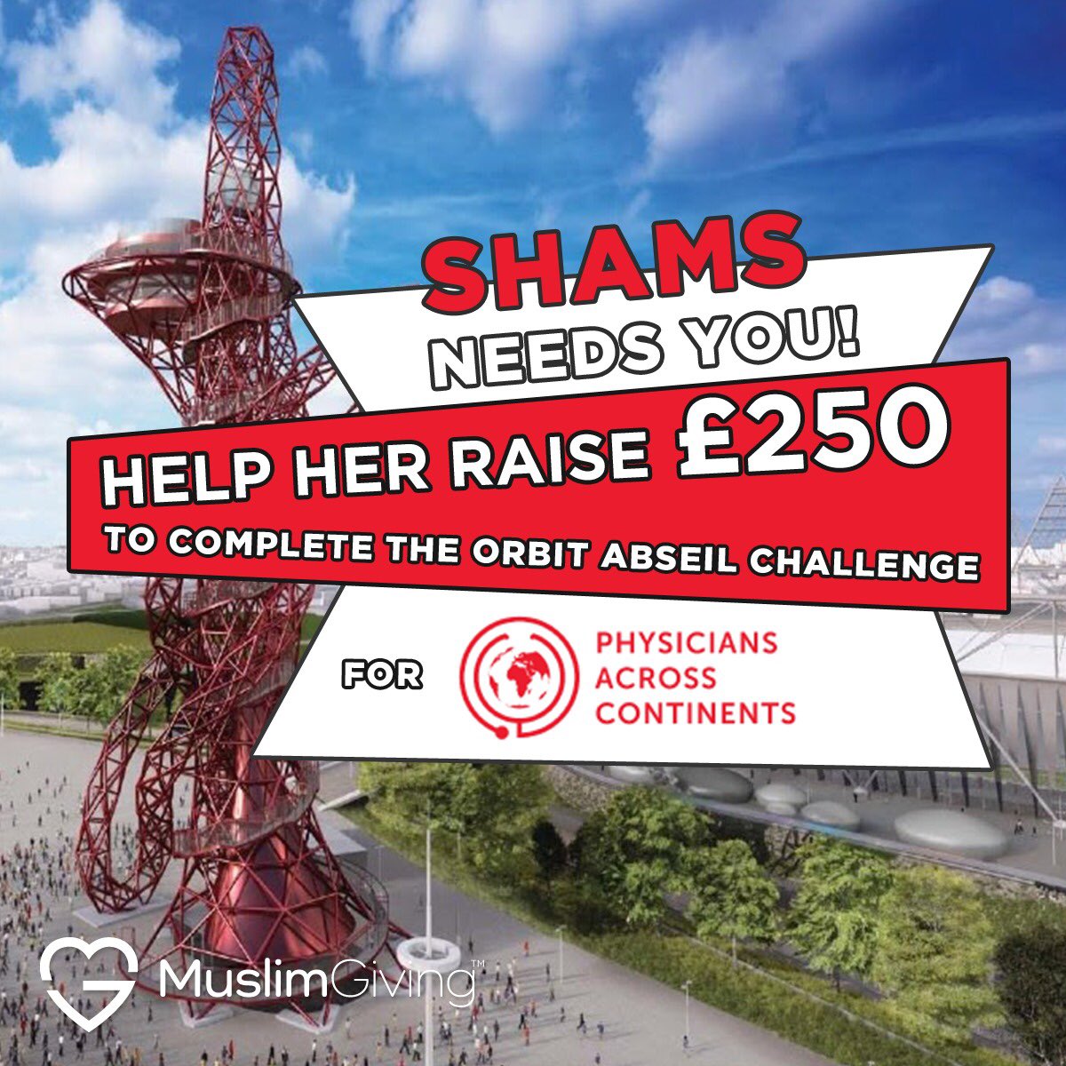 MuslimGiving's tweet photo. Shams is taking part in this Saturdays Orbit Abseil and has a fear of heights! 
Support her by donating what you can and show her that facing your fears is always worth it when done for a good cause. 
https://t.co/0hgn2dU8uT

#physiciansacrosscontinents #orbitabseil #acelormittal https://t.co/HAqK3gBWvY