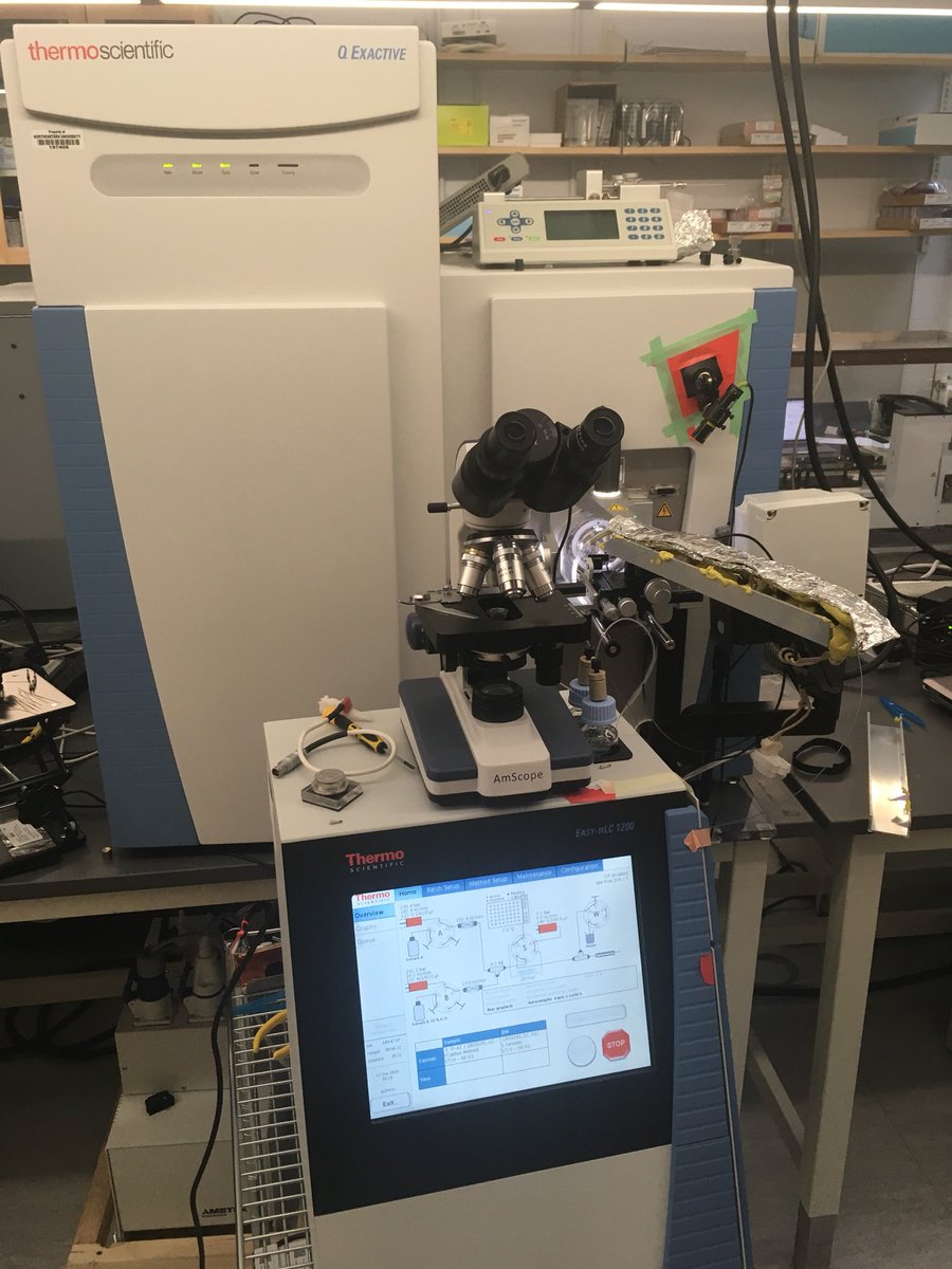 There’s a tiny hole in the metal cone on the right of the picture above. This is where ions enter the  #MassSpec. It’s so small because the inside of the mass spec is kept at high vacuum. Here’s what our mass spec looks like. It’s about 1m tall and weighs 200kg.