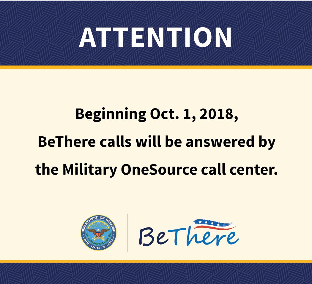 DoDPeerSupport's tweet image. FYSA: Beginning Oct. 1, 2018, BeThere calls will be answered by the @Military1Source call center. You will still receive the same free, convenient, and confidential service you’ve come to count on. #PeerSupport