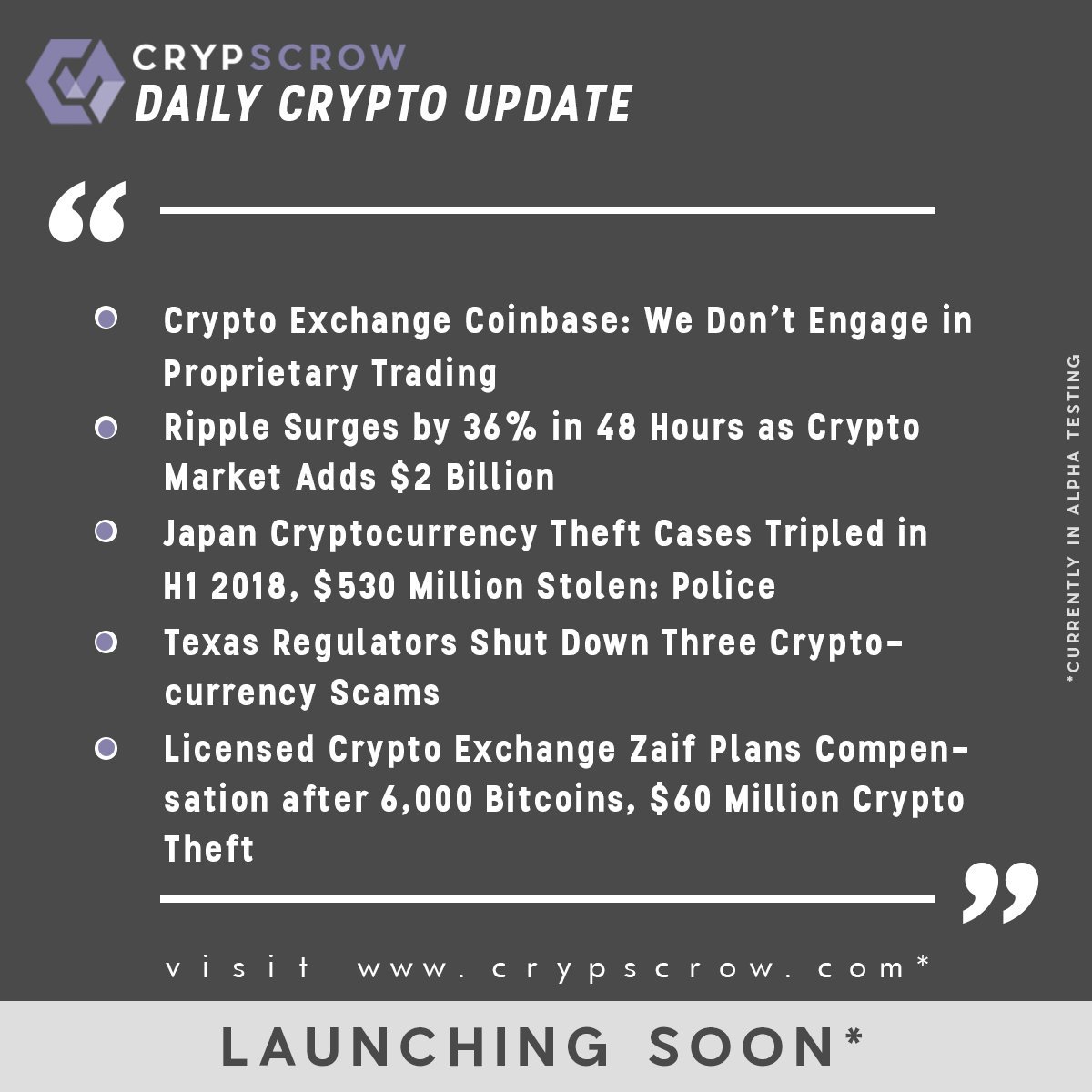 #dailycryptoupdate #cryptonews #cryptoexchange #coinbase #proprietarytrading #ripple #surge #japan #cryptotheft #tripled #texas #regulator #shuts #scam #currency #zaif #compensation #crypscrow visit crypscrow.com