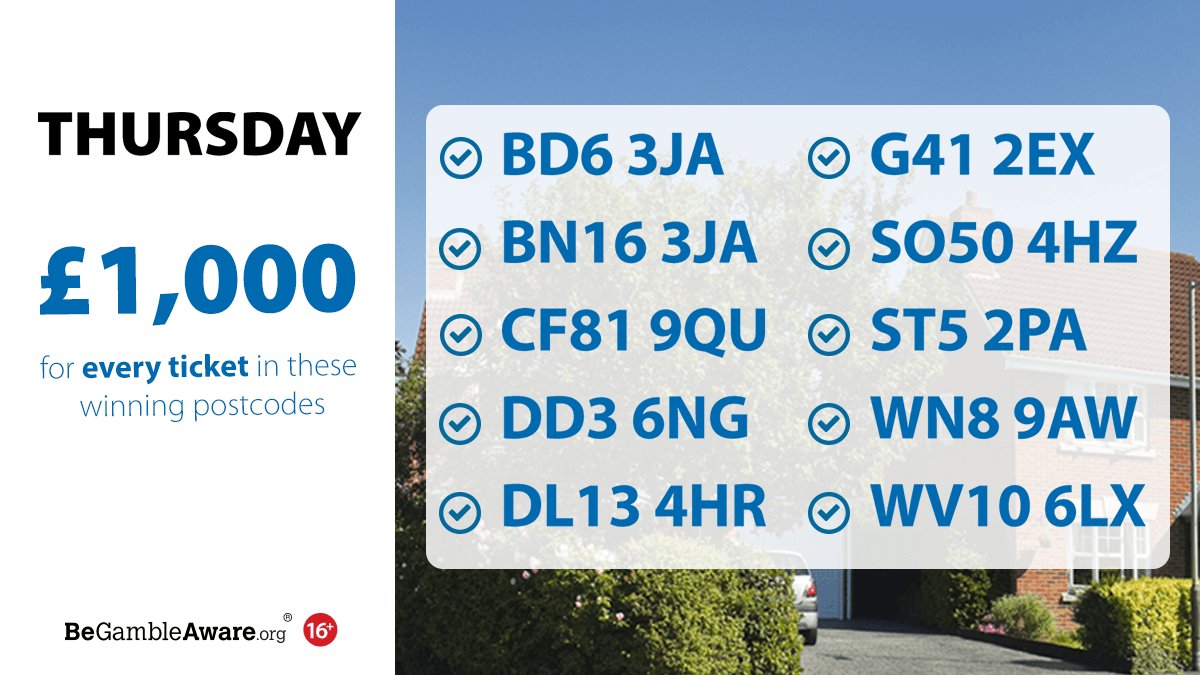 PostcodeLottery's tweet photo. What a fab Thursday it's been for our ยฃ1000 #DailyPrize winners in #Bradford, #Rustington, #Pontlottyn, #Dundee, #Satley, #Glasgow, #Eastleigh, #NewcastleunderLyme, #Skelmersdale & #Wolverhampton๐
https://t.co/D6kx0MQyHR https://t.co/7oLjeI5JCJ