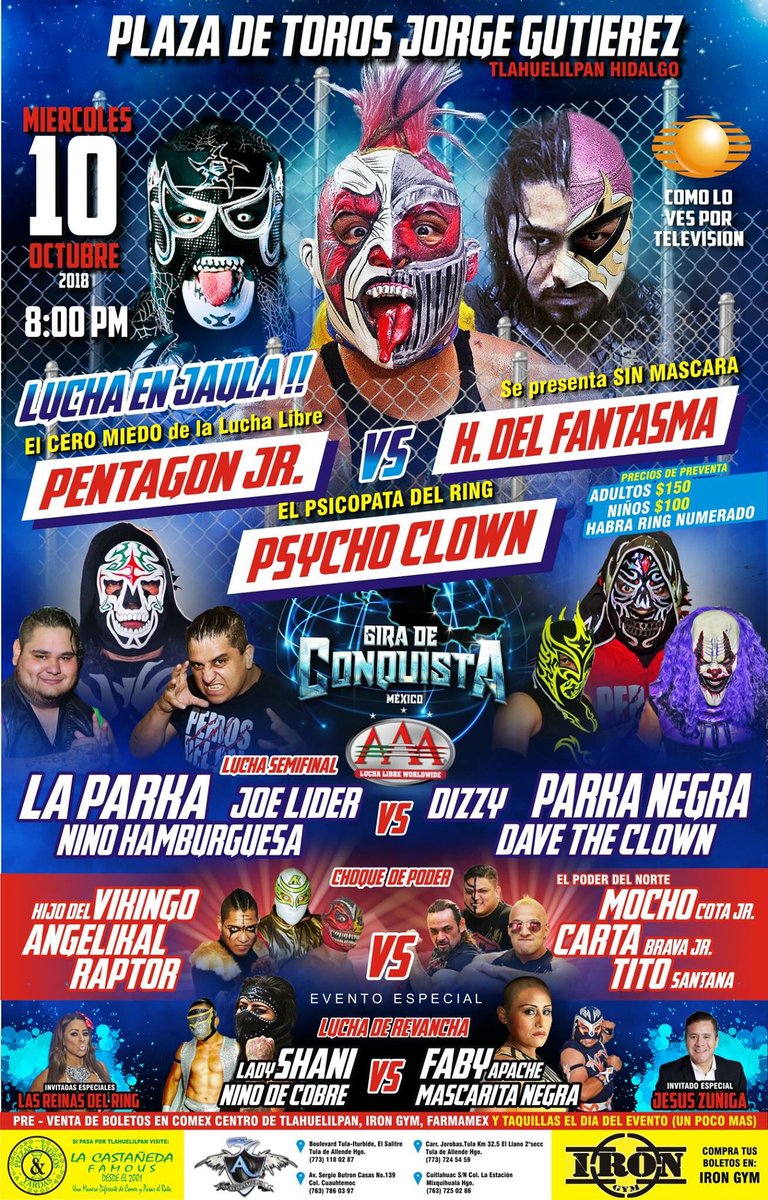 Fantasmaniacas's tweet photo. TLAHUELILPAN, este 10 de Octubre tendrán #LuchaEnJaula 

¡No se lo pueden perder!

📍Plaza de Toros Jorge Gutierrez
Tlahuelilpan, Hidalgo.
8:00pm
@hijodelfantasma https://t.co/QyTuXNGmAC