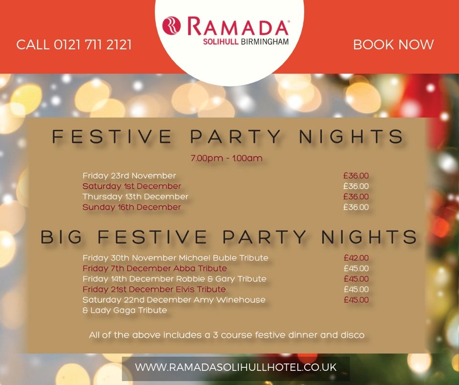 ramadasolihull's tweet photo. Celebrate Christmas 2018 with Ramada Solihull.
Festive Party Nights and Big Festive Party Nights.
Book Now. Contact 0121 711 5486 #ramadasolihull #dancethenightaway #birminghamevents #birmingham #birminghambars #solihullevents #solihullbid #christmasnight #partynights https://t.co/4mX7ac74i6