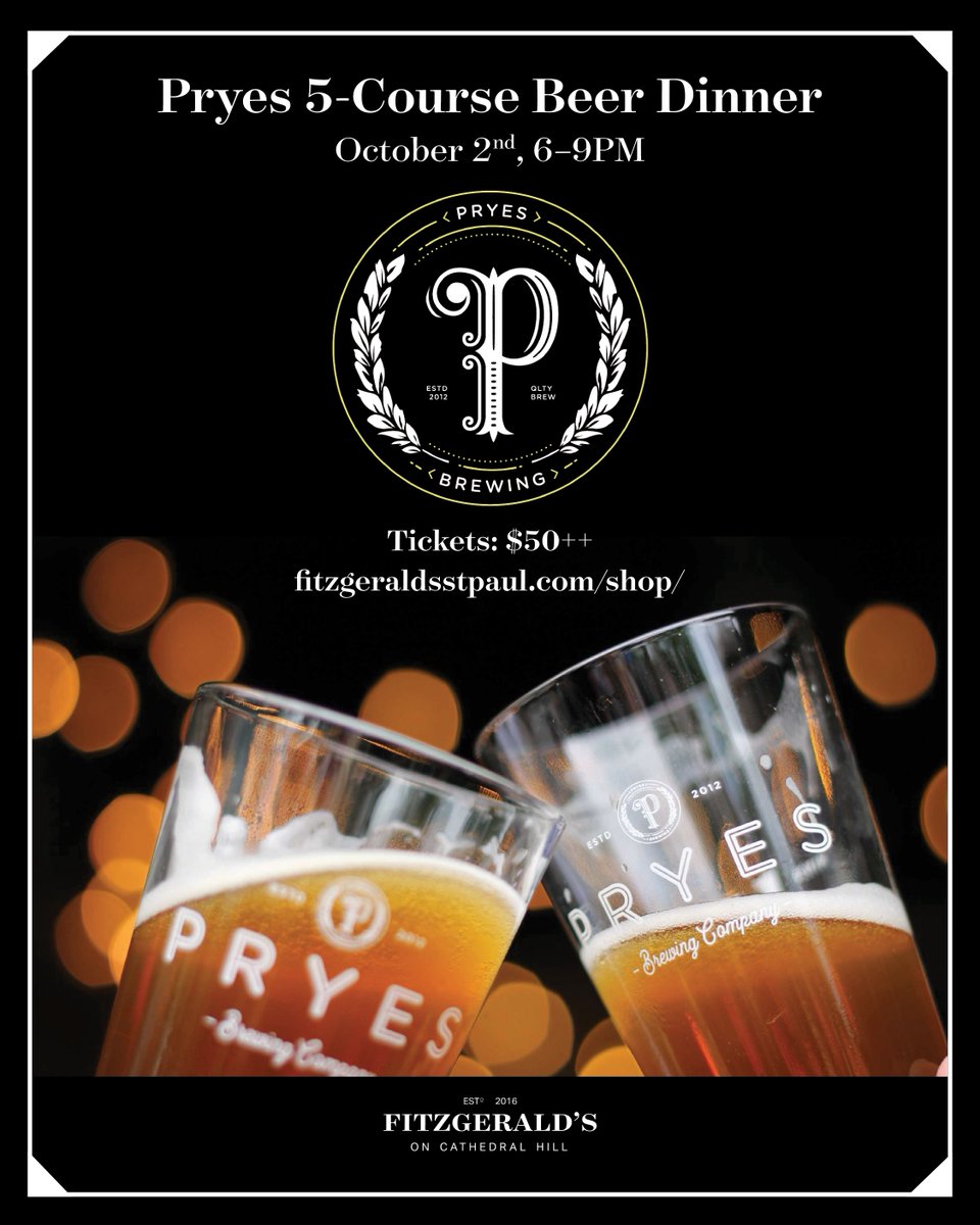 FitzgeraldsSP's tweet photo. Raise a glass for Chef Graham's 
@PryesBrewing pairing menu! Owner &amp; Head Brewer Jeremy Pryes is our special guest for the evening.

Tickets: https://t.co/TUAZqu5XJc

#BeerDinner #CathedralHill https://t.co/H6Pp0yCX8b
