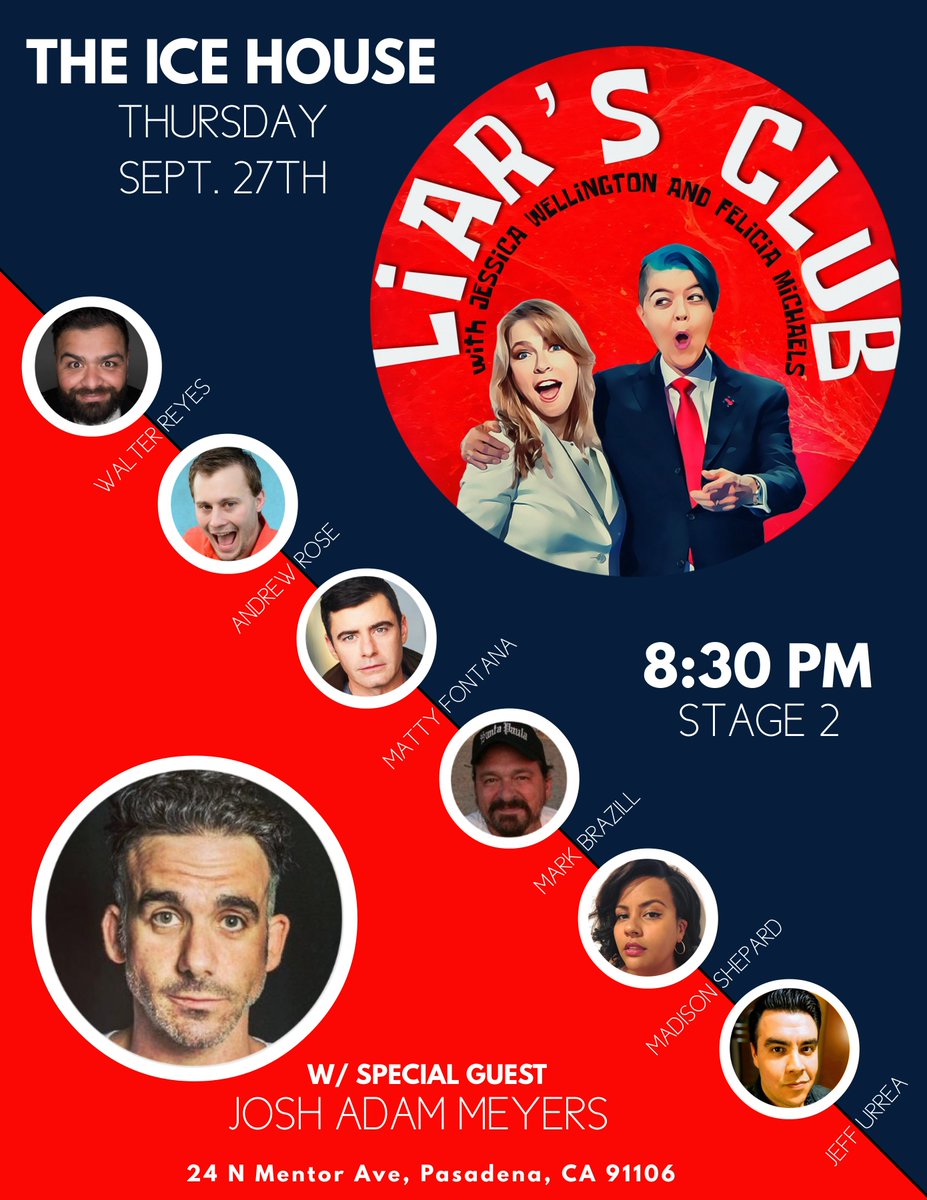 A week from today is our very first Liar's Club Live show <a href="/icehousecomedy/">icehousecomedy</a> with @reyessanceman <a href="/JessWellington2/">Jess Wellington</a> <a href="/1AndrewRose/">Andrew Rose</a> <a href="/Mattyfontana13/">Matty Fontana</a> @themarkbrazill @MadisonShepard <a href="/jeffurrea/">Jeff Urrea</a> along with headliner <a href="/JoshAdamMeyers/">Josh Adam Meyers</a>!
