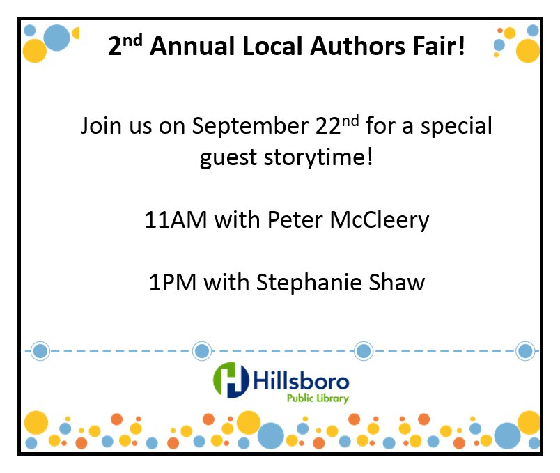 HillsboroLib's tweet photo. Join us at Brookwood this Sat for two special guest storytimes with picture book authors @pmccleery and Stephanie Shaw at the Local Authors Fair! #LAFHPLB
See the full event schedule at https://t.co/TE1tjToFqI

https://t.co/uCRMWANihr
https://t.co/thn9x6niFT https://t.co/87b2RnsBgj