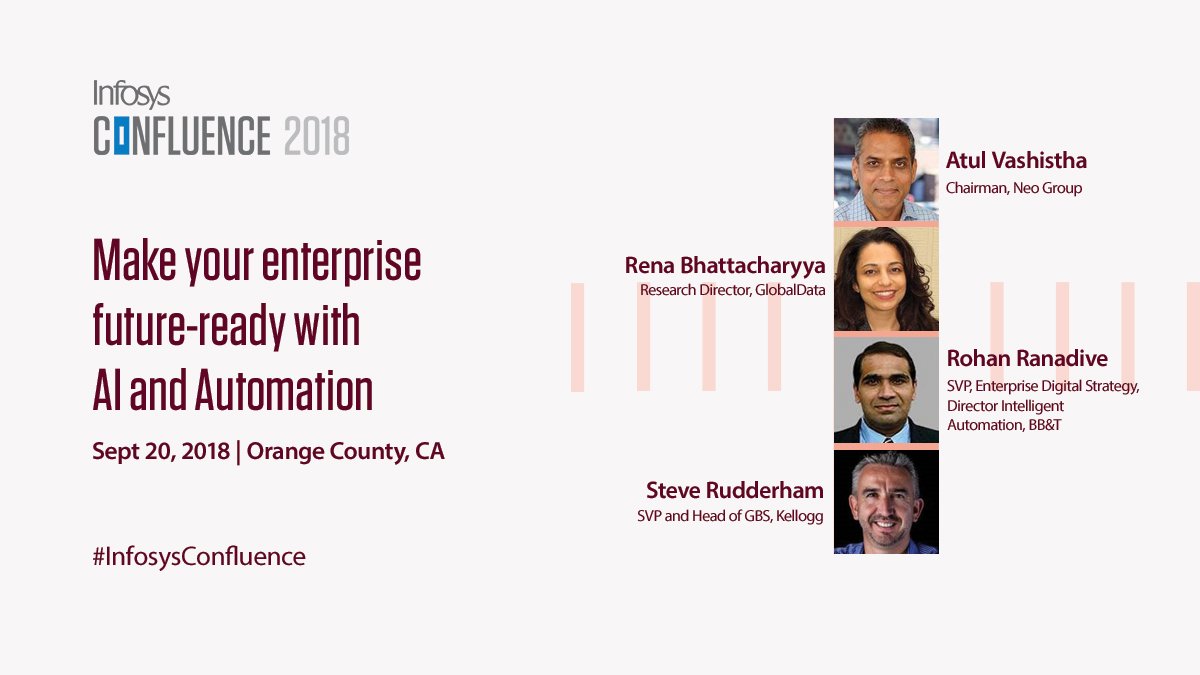 Session with panelists Rohan Ranadive, <a href="/avashistha/">Atul Vashistha</a>, <a href="/steverudderham/">Steve Rudderham</a> and moderator <a href="/rdbhattacharyya/">Rena Bhattacharyya</a> on how enterprises can scale their business through #automation to reduce repetitive task and improve business processes infy.com/2OHCGVN #InfosysConfluence