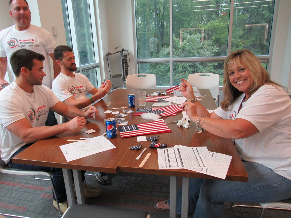 Avendra's tweet image. Avendra associates here at HQ spent the day making craft kits for children in the hospital with Anna’s Gift Foundation and flags for troops overseas with the American Legion. #ABCDay #AramarkVolunteer