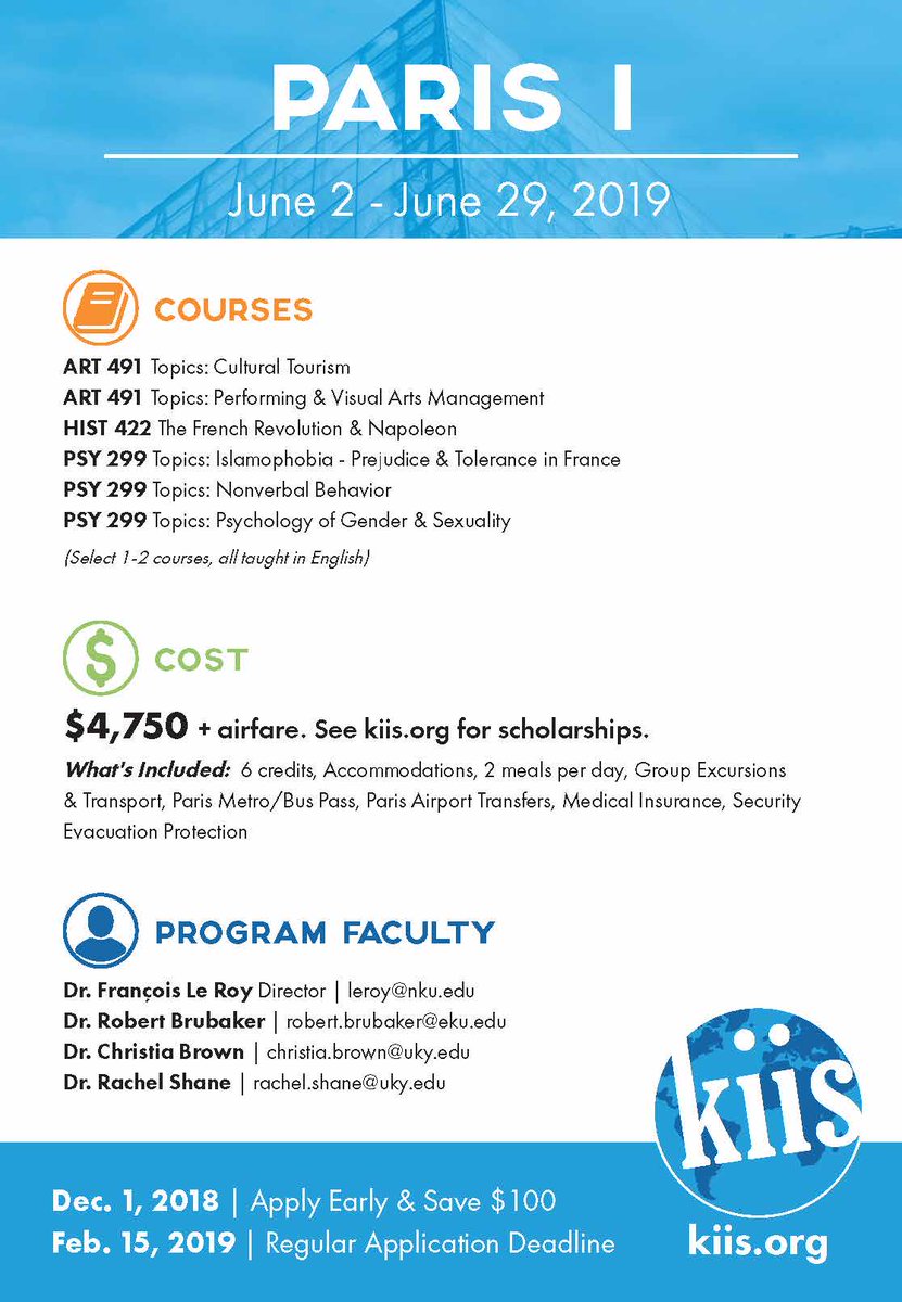 Want to #studyabroad? Dr. LeRoy is taking students abroad this  summer...to Paris! Check out the course offerings below and use the  contact details to get in touch! Dr. LeRoy would love to speak with you!  <a href="/NKUstudyabroad/">NKU Study Abroad</a> <a href="/nku_honors/">NKU Honors</a> <a href="/NKUASadvising/">NKU A&S Advising</a> @COI_Advisors <a href="/KiisAbroad/">KIIS Study Abroad</a>