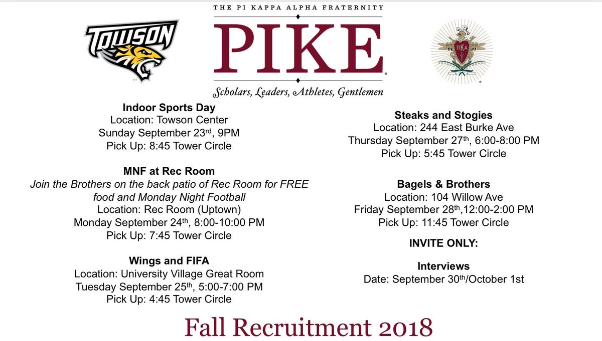 Towson_Pikes's tweet photo. Interested in joining Greek life? Come out on Sunday and meet the brothers of the Pi Kappa Alpha Fraternity.  Or visit our website with the link on our profile. We expect great things this year so come out and see if you have what it takes to become a pike. #rushpike https://t.co/0gsutw9TMz