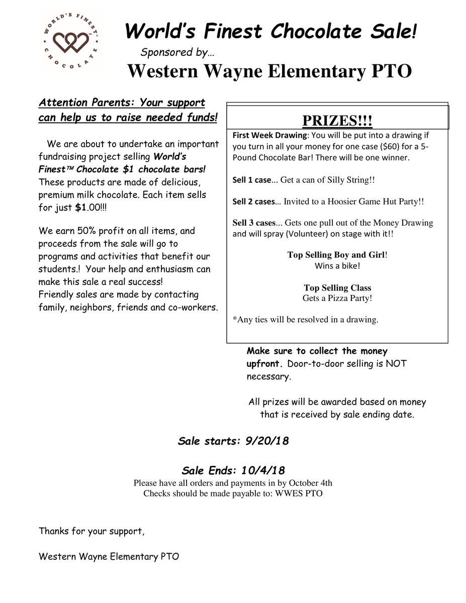 PTOWWES's tweet photo. The World's Finest Chocolate Fundraiser information is going home today 9/20 in Thursday folders. As soon as parents sign the permission slip to sell chocolate, your child will receive their box on Friday to bring home. Here are pictures of Opt Out letter, permission, and prizes. https://t.co/w56pq9PziE