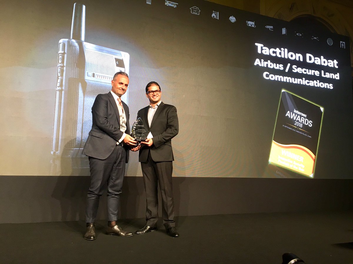 Intersec Awards Category Sponsor, @Airbus_SLC_MENA's Tactilon Dabat product wins 'Innovative #Security Product of the Year 2018'. Congratulations! 🎉 #IntersecAwards 🏆 #Intersec #Safety #Security