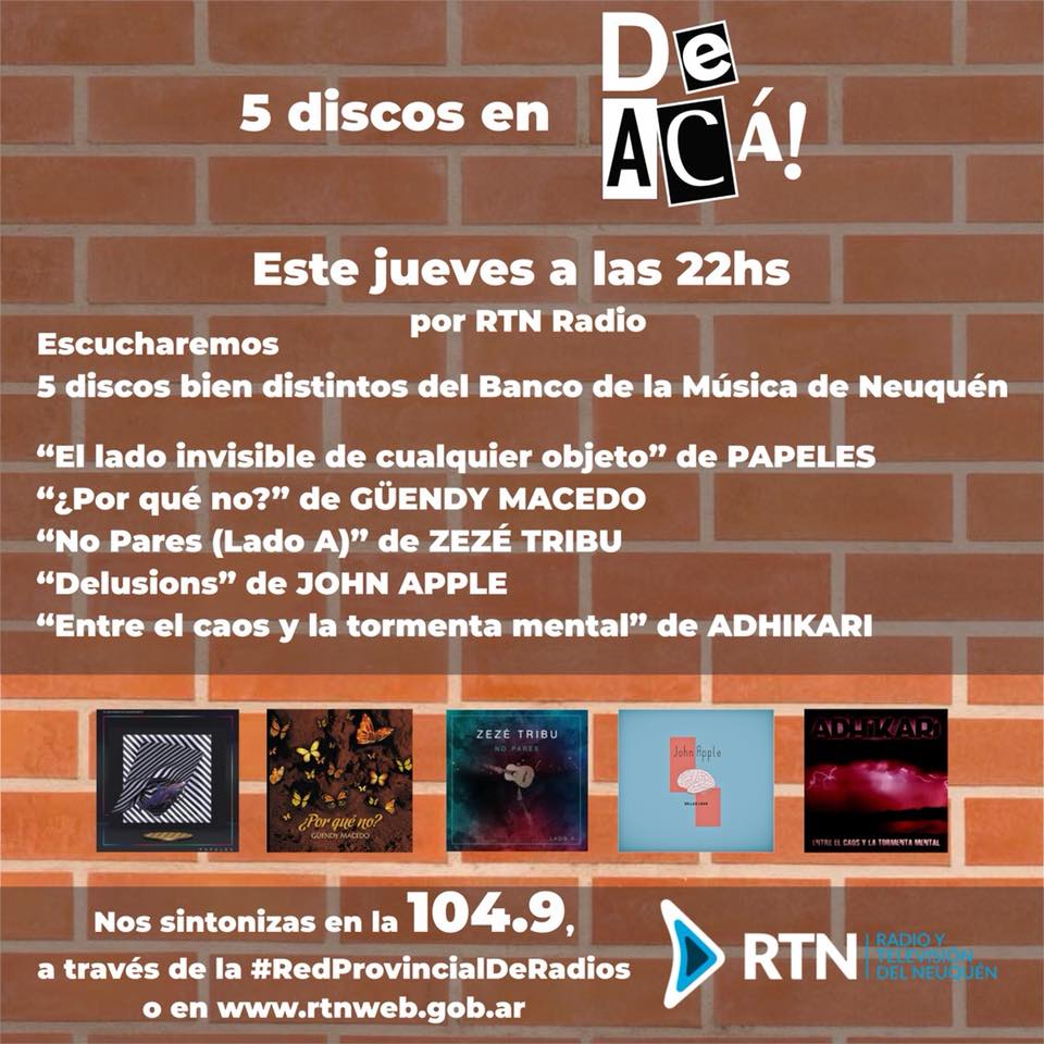 DE ACÁ! 
Una hora de canciones del Banco de la Música del Neuquén 🎶
Jueves 10pm ~ viernes 2am / #RTNRadio 📻
En este capítulo un compilado de estos artistas👇
<a href="/Papeles_oficial/">Papeles</a> #GüendyMacedo #ZezéTribu <a href="/John_apple/">John Apple</a> #Adhikari

104.9⚡️
rtnweb.gob.ar 💻
