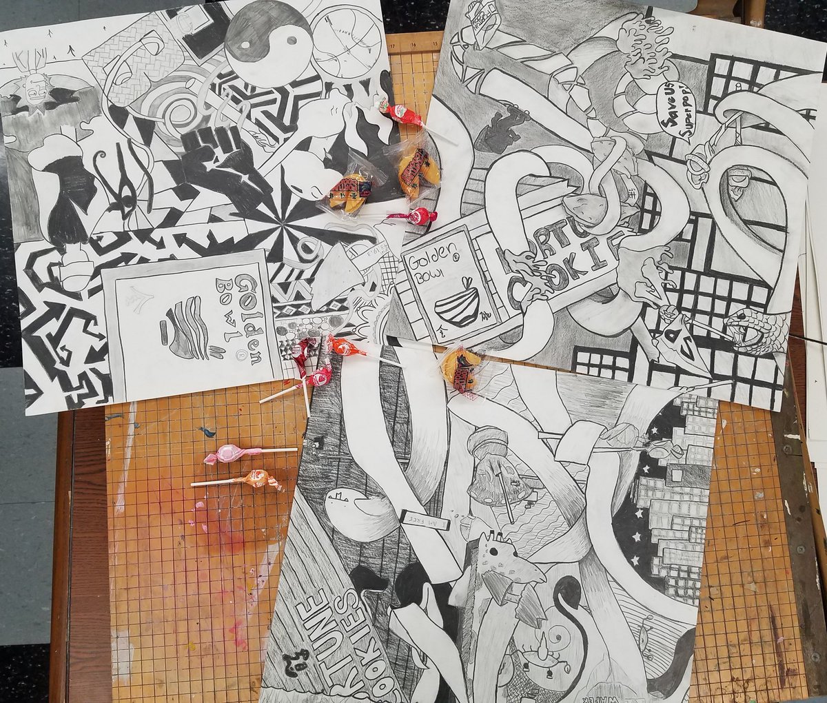 Art 2 is back at drawing board, creating designs with drawing prompts like fortune cookies and lollipops. #design #createsomethingnew