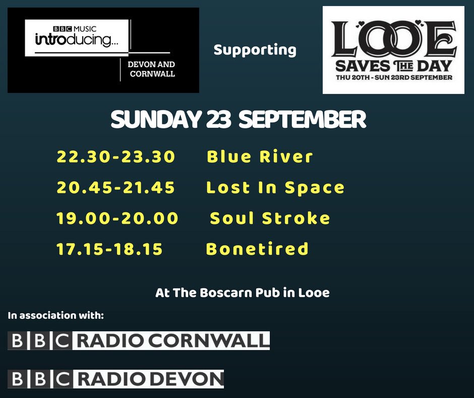 BBCIntroSW's tweet image. Less than 24 hours to go until we start rockin’ @Looesavestheday!
@helm_devegas @_samrichardson_  @Blue_River1 @winter_mountain @ViewersBand @xcharlieharris1 #Bonetired @misdemeana4 @thelostinspace @Velvet_Echoes @TheCabarats @TheNormalsDevon @thesoulstroke