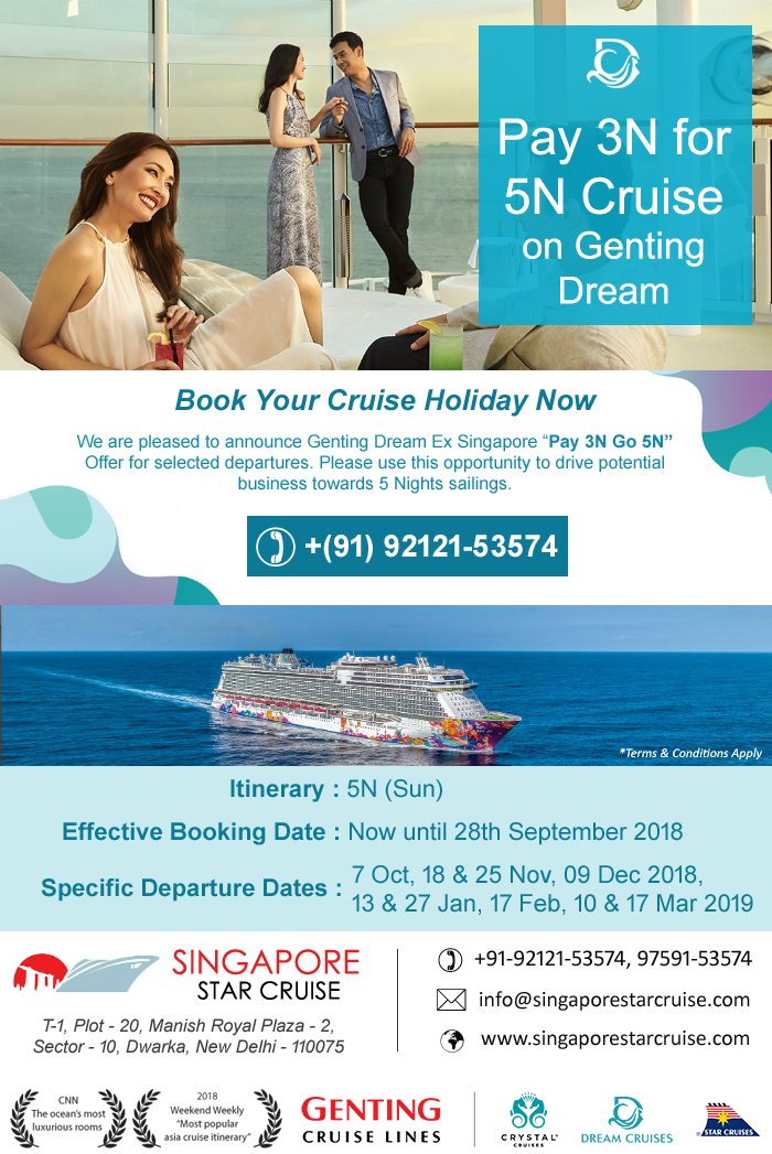 SinStarcruise's tweet photo. Genting Dream Ex Singapore Pay 3N get 5N Cruise
We are announce Genting Dream Ex Singapore “Pay 3N Go 5N” Offer for selected departures. 
@SinStarcruise @SingaporeTouris https://t.co/rmArYPzOAS