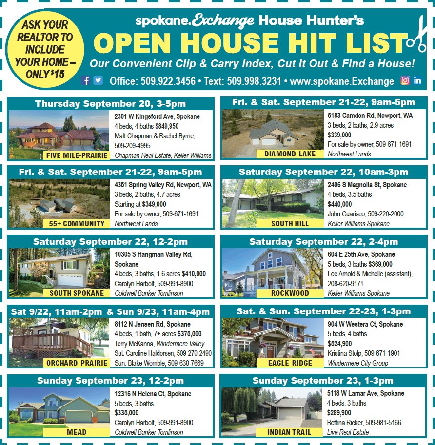 ExchangeSpokane's tweet photo. Here's your #OpenHouse Hit List for the next few days (Sept 20-23)! Get ready to go #HouseHunting all around #NorthSpokane #SouthSpokane #EagleRidge #SouthHill #IndianTrail #DiamondLake & more! See more awesome #Spokane #RealEstate here: https://t.co/BKaaBQMET5 https://t.co/DXPuUS5jof