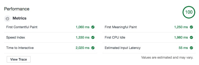 Heh getting 100 percent on the lighthouse performance thingy without thinking about it much. Thanks to <a href="/4kilobytes/">choo</a>, <a href="/browserify/">browserify</a>, and friends