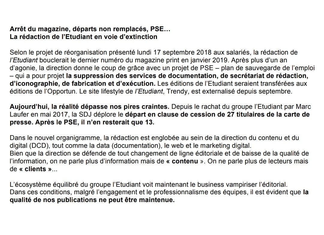 Arrêt du magazine <a href="/letudiant/">l'Etudiant</a>, départs non remplacés, PSE... La rédaction de l'Etudiant en voie d'extinction.

Le communiqué de la <a href="/SDJ_LEtudiant/">La SDJ de l'Etudiant</a> ⤵️