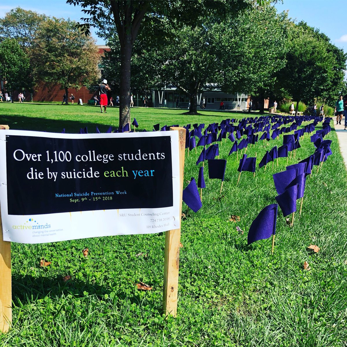 SRU_ActiveMinds's tweet photo. National Suicide Prevention Week in the Quad. Help us end the stigma around mental illness on college campus’ by knowing your resources:  

National Suicide Prevention Lifeline: 1 (800) 273-8255

SRU Counseling Center: (724)738-2034 
#endthestigma https://t.co/b5029mhqvE