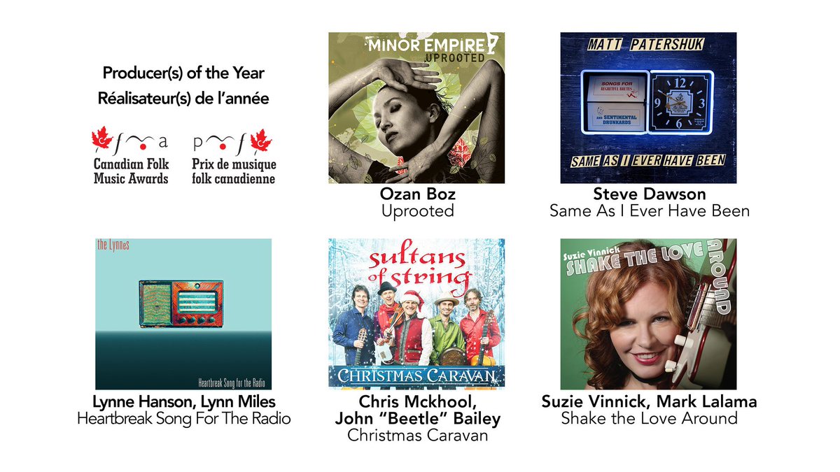 folkawards's tweet photo. 2/2
#CFMA2018.#PMFC2018 Producer(s) of the Year / Réalisateur(s) de l’année
Chris Mckhool, John “Beetle” Bailey for/pour Christmas Caravan by/par @sultansofstring
Suzie Vinnick, Mark Lalama for/pour Shake The Love Around by/par @suzievinnick https://t.co/t9MRhhHk8m