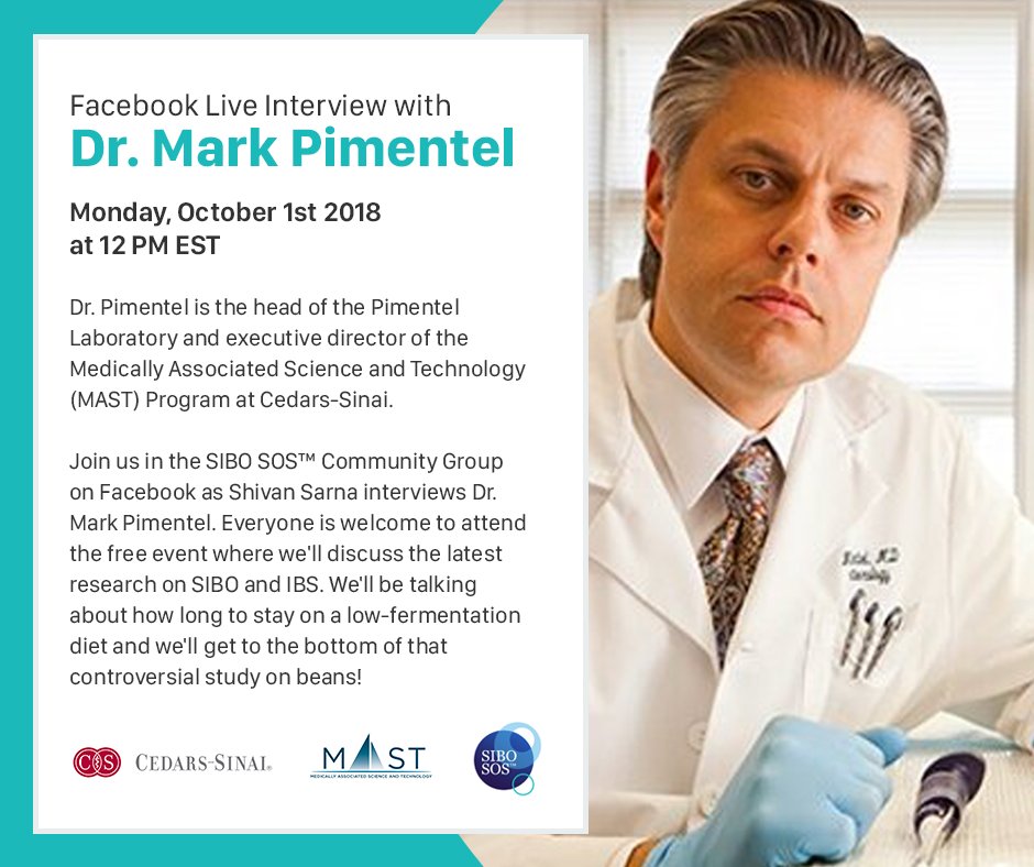 SIBOSOS's tweet image. FACEBOOK LIVE - Interview with @MarkPimentelMD 🎉 in our SIBOSOS Community Group. October 1st at 12:00 (EST) ✏ Mark your calendars! We will post a SPECIAL post on the morning of the event for you to submit your questions. #SIBOSOS #IBS #SIBO #FEELBETTER #digestion #guthealth