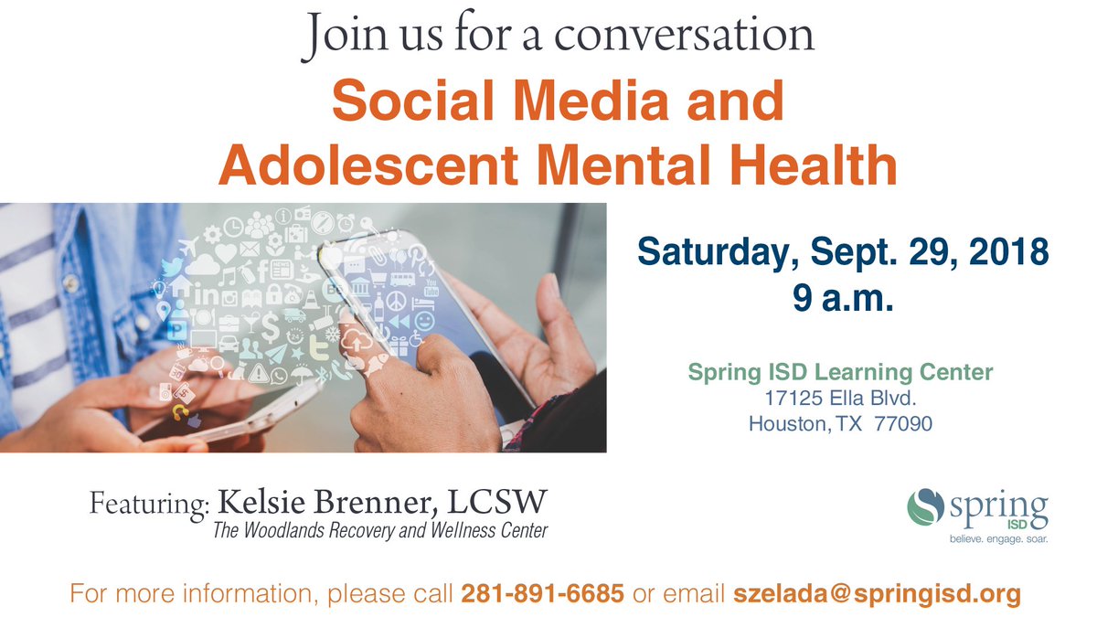 SpringISD's tweet photo. Join us for a conversation about social media and adolescent mental health. Parents will learn strategies to help their children avoid cyber pitfalls. https://t.co/cG0NCYkXjr