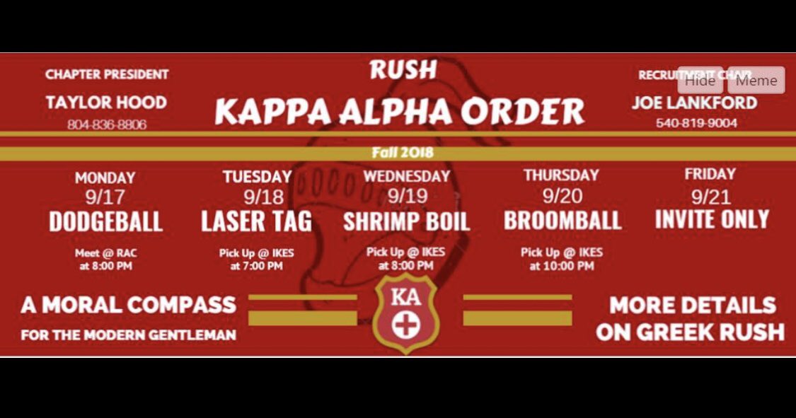 Kappa Alpha Order is our business, and brother, Business is a boomin! Come out tonight for our last night of rush week and meet the brothers of the #Order ! Slide into a lifelong brotherhood tonight at Broomball! See y’all at 10pm outside Ike’s!#RushKA