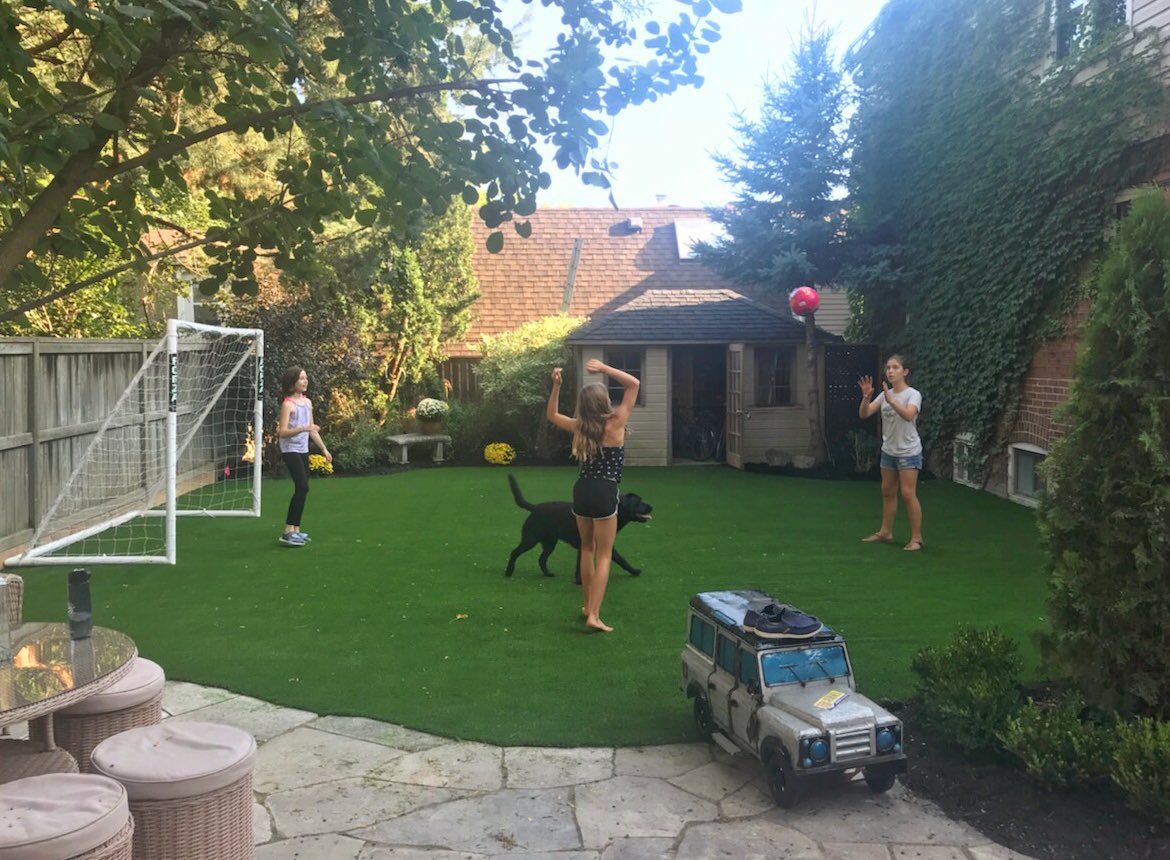 DesignTurf's tweet photo. Photo taken half an hour after installation was complete - even the dog โusedโ it within five minutes! Great working with @LandcareToronto as always! #laurarocks #outdoorliving #dogsloveturf #kidsloveturf #landcare #envirofill @USGSports @progreengrass #artificialturf #designturf https://t.co/4Y8Md1FDtM