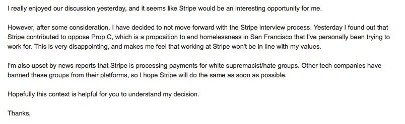 sashaperigo's tweet image. A friend of mine who’s a senior engineer just cancelled an interview with @stripe due to their opposition of @OurHomeSF and their work with white supremacist groups. #TechWontBuildIt