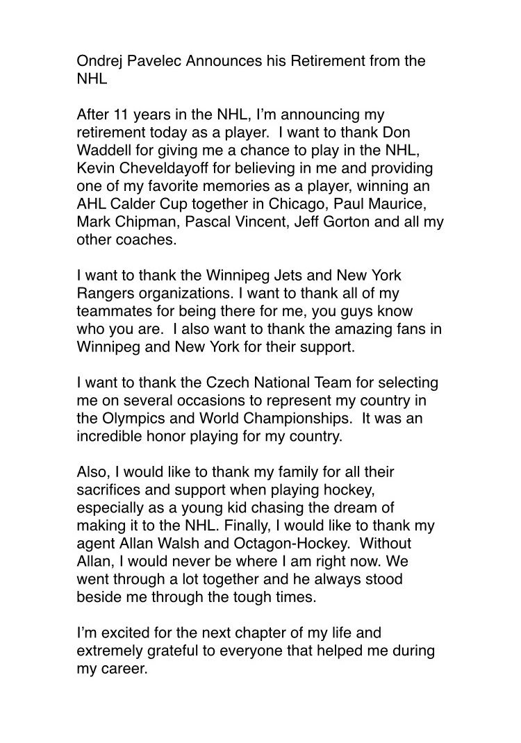 walsha's tweet image. Longtime client Ondrej Pavelec announced his retirement earlier today.  His statement -