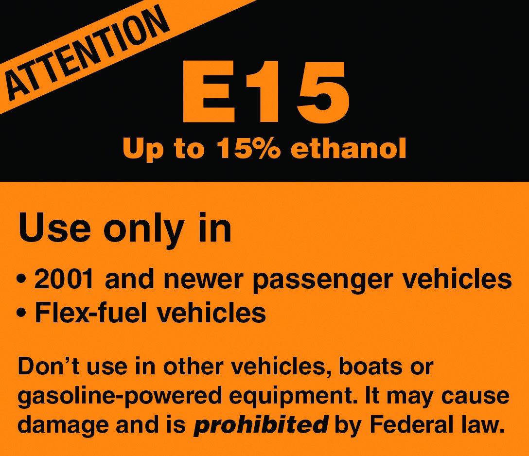 fuelinggood's tweet image. If concerned about accidentally using E15 (15% ethanol, 85% gasoline), look for the below label. It is required by federal law &amp;amp; stations are inspected for compliance. But, if you drive a 2001 &amp;amp; newer vehicle, it will be a higher octane fuel at a lower price. #fuelyourknowledge