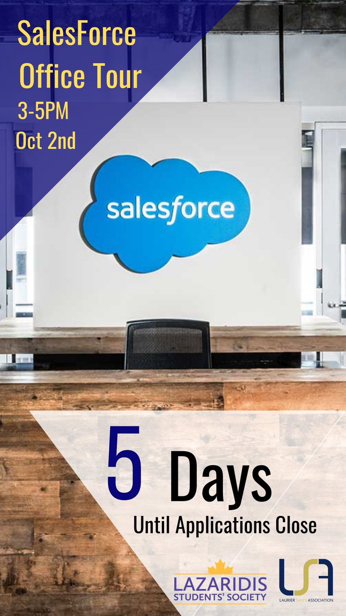 LaurierSales's tweet photo. ATTENTION 3RD AND 4TH YEARS! LSA is excited to offer the opportunity to visit SalesForce's Toronto office this October 2nd! Applications close in 5 days so make sure to apply at https://t.co/tmgazMJaDW https://t.co/voUv3eXNj6