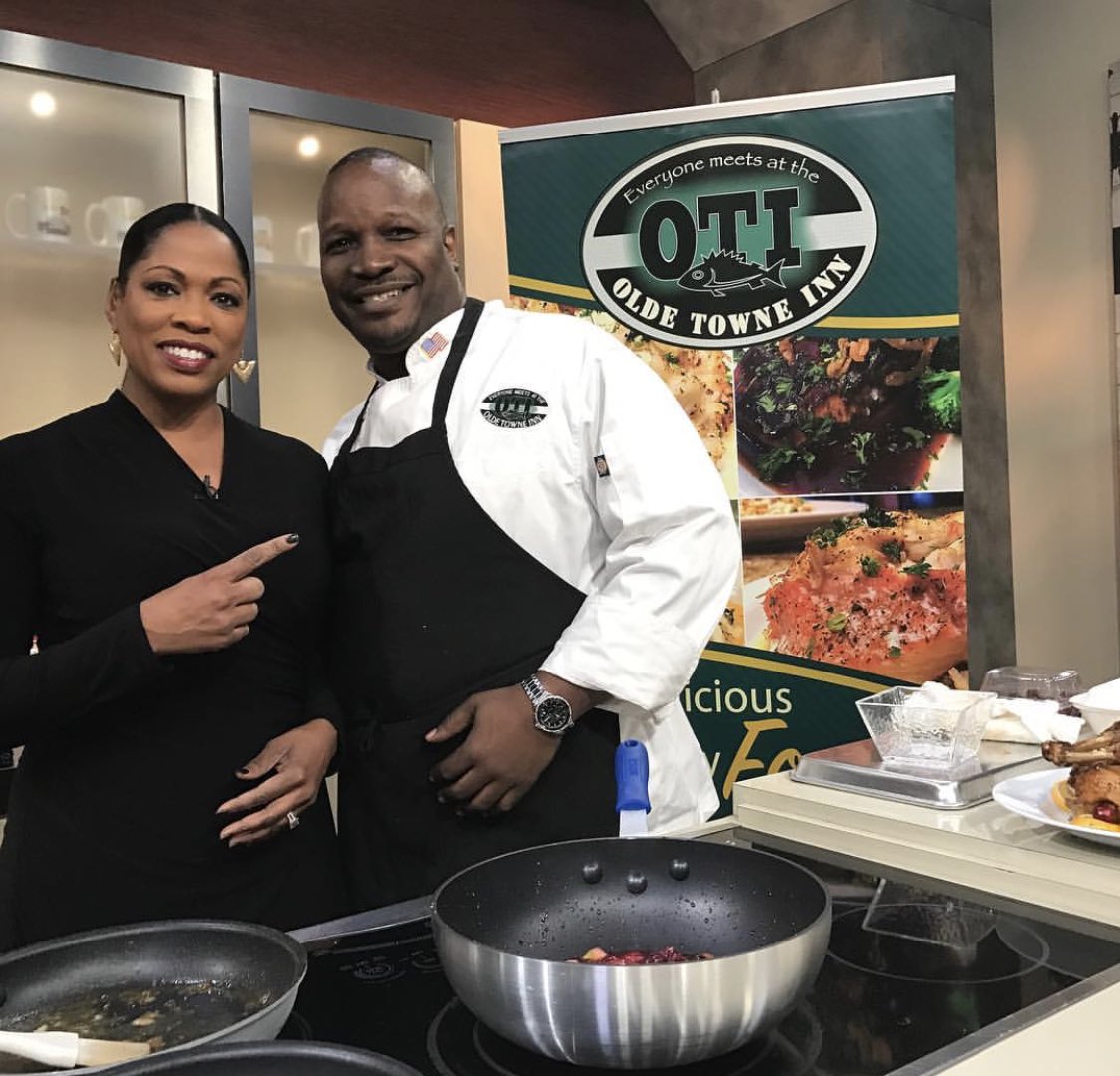 OldeTowneInn's tweet photo. #ThrowbackThursday! Our very own Chef Donnel Long sharing signature #OTI dishes with the beautiful @ShawnYancy on @fox5dc! Come by our Largo and Upper Marlboro locations for great food and fun at #OldeTowneInn! 🥘🍛🍲🍤🍗🥂🍾 #OTI #Fox5 #Delicious #FoodAndFun https://t.co/s2QzV7R3OX
