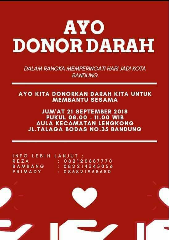 #INFO #DonDar #Bandung | 21 September 2018 | 08.00 - 11.00 | Aula Kec. Lengkong. Jl. Talaga Bodas no 35. | <a href="/june_bfl/">June Malkan</a> cc <a href="/BFLBandung/">BFL Chapter Bandung</a> <a href="/infobdg/">BANDUNG ᮘᮔ᮪ᮓᮥᮀ</a> <a href="/PRFMnews/">Radio PRFM</a> <a href="/DonDarBDG/">Komunitas Donor Darah Bandung</a>  <a href="/BandungTV38/">Bandung TV Official</a> <a href="/persib/">PERSIB</a>  @Seputar_JawaBrt <a href="/pemkotbandung/">Pemkot Bandung</a>  <a href="/play99ers/">Play99ers Radio Bdg</a> <a href="/BandungTV38/">Bandung TV Official</a> <a href="/ozradiobandung/">OZRADIO</a> <a href="/humasjabar/">Humas Jabar</a>