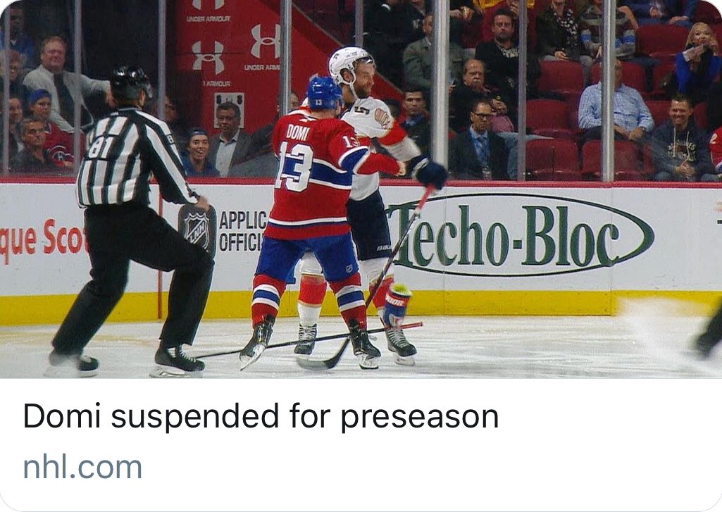 NHLPlayerUnsafe's tweet photo. Montreal’s Max Domi has been awarded a vacation for the remainder of the preseason for roughing Florida’s Aaron Ekblad. #2Tickets2Paradise #SandalsJamaica https://t.co/cKqT9T3CRE