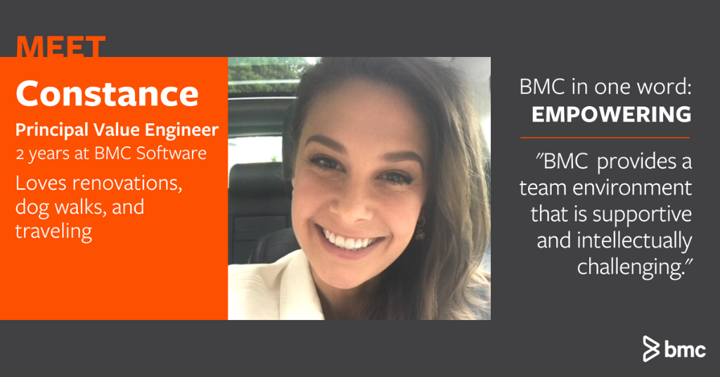 BMCSoftware's tweet photo. Meet Constance from our #ValueEngineering team! She says that if someone is looking for a platform to share ideas, @BMCcareers is the place for them. Learn more about #BMClife: https://t.co/XJHLVMr4cG #WorkatBMC https://t.co/HWWRCQSyLA