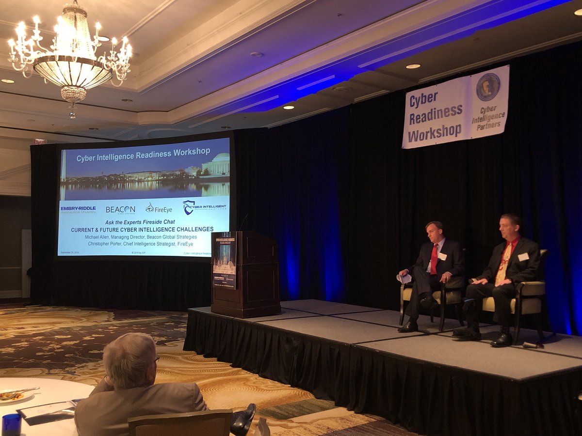 CIP_usa's tweet photo. “Fireside chat” on current and future cyber intelligence with Christopher Porterof @FireEye and Michael Allen at  Beacon Global Strategies. #CIRWorkshop18 #cyberintelligence #cyberintelligencepartners https://t.co/aMRw3Sg6jj