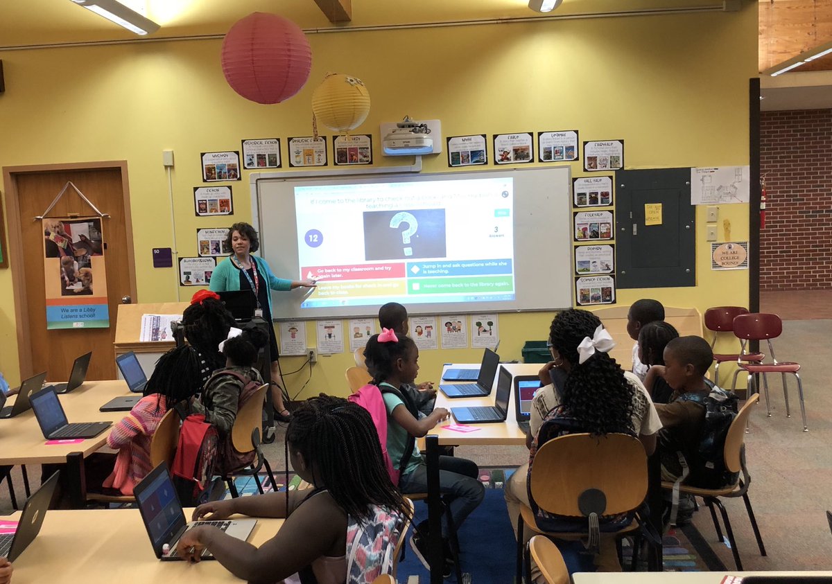 First week as the new #LibraryMediaSpecialist @WoodlandForrest! Introducing 3rd graders to #Kahoot today as we review our library rules! #TCSLearns